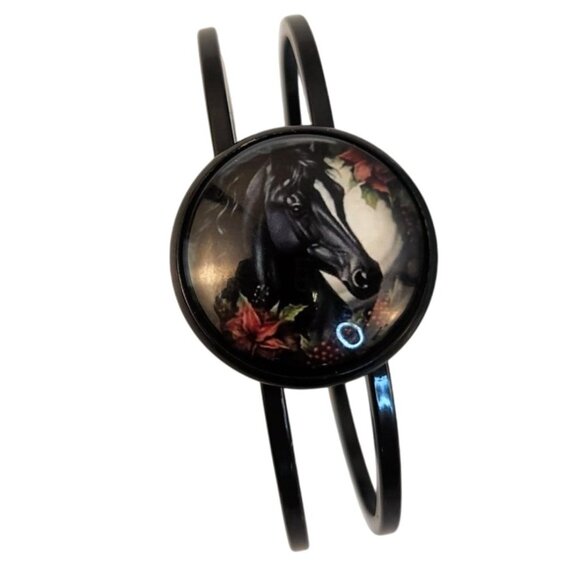 Set of 2 Black Horse Glass Cabochons 1 Inch Round, Floral Dome Craft Supply for - Picture 3 of 6